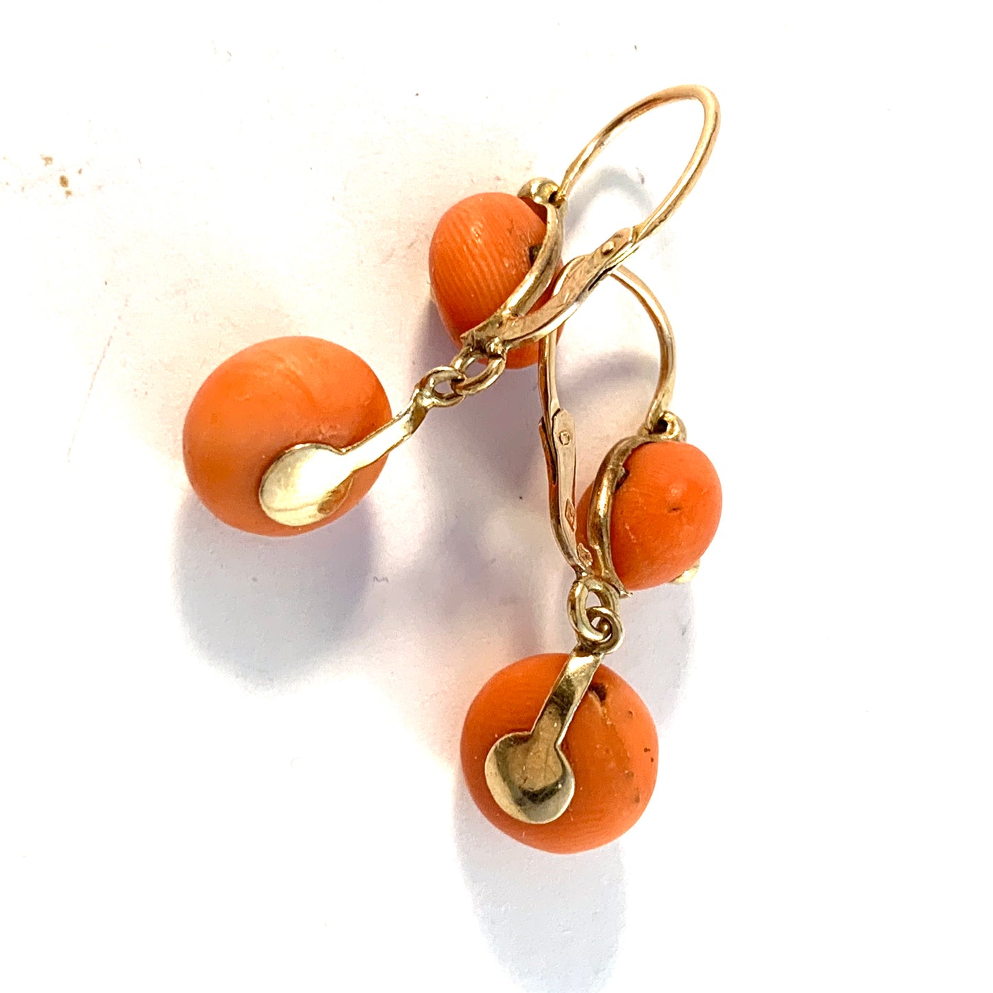 Maker LF France Early 1900s Antique 18k Gold Coral Earrings.