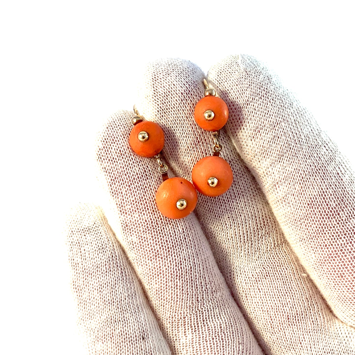 Maker LF France Early 1900s Antique 18k Gold Coral Earrings.