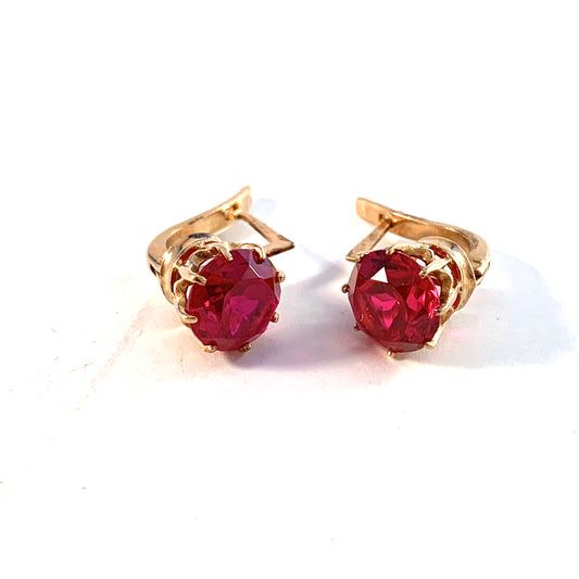 Soviet USSR, Mid Century 14k Gold Synthetic Sapphire Earrings