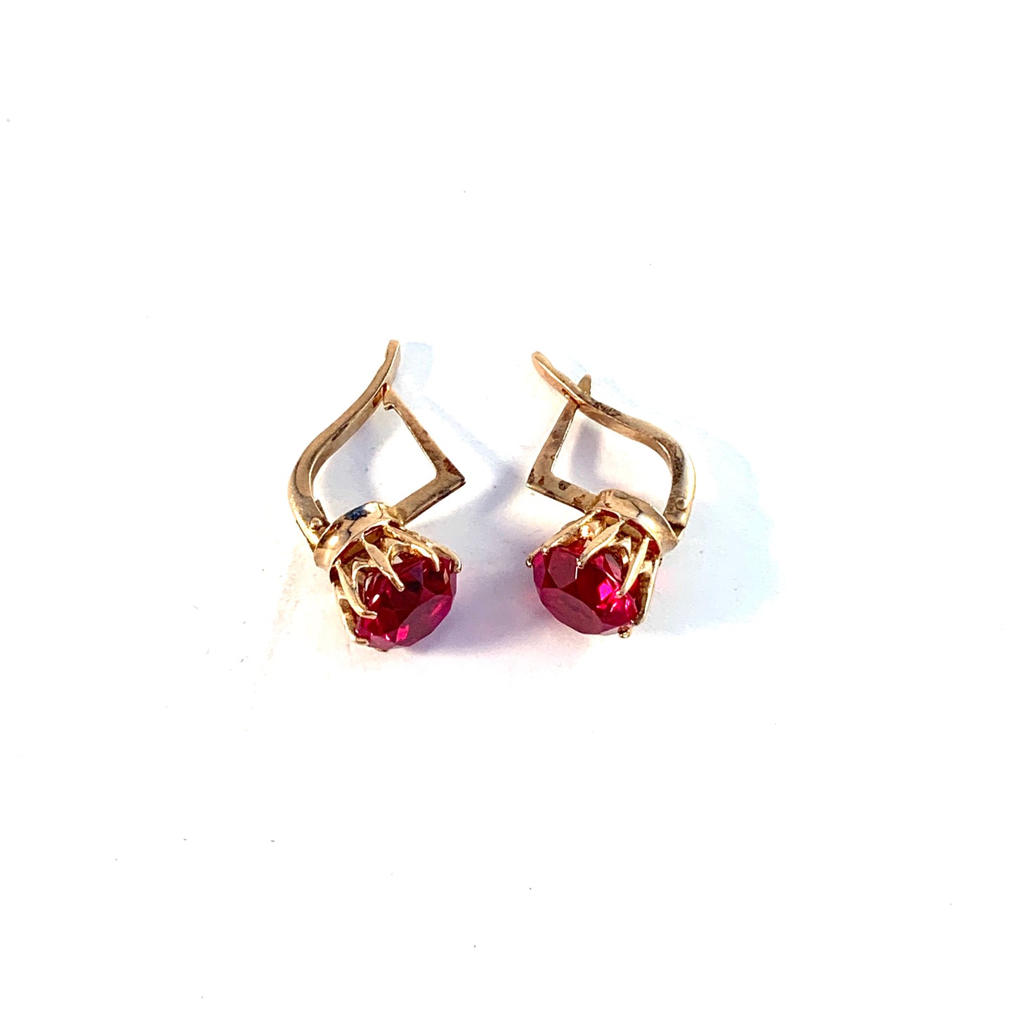 Soviet USSR, Mid Century 14k Gold Synthetic Sapphire Earrings