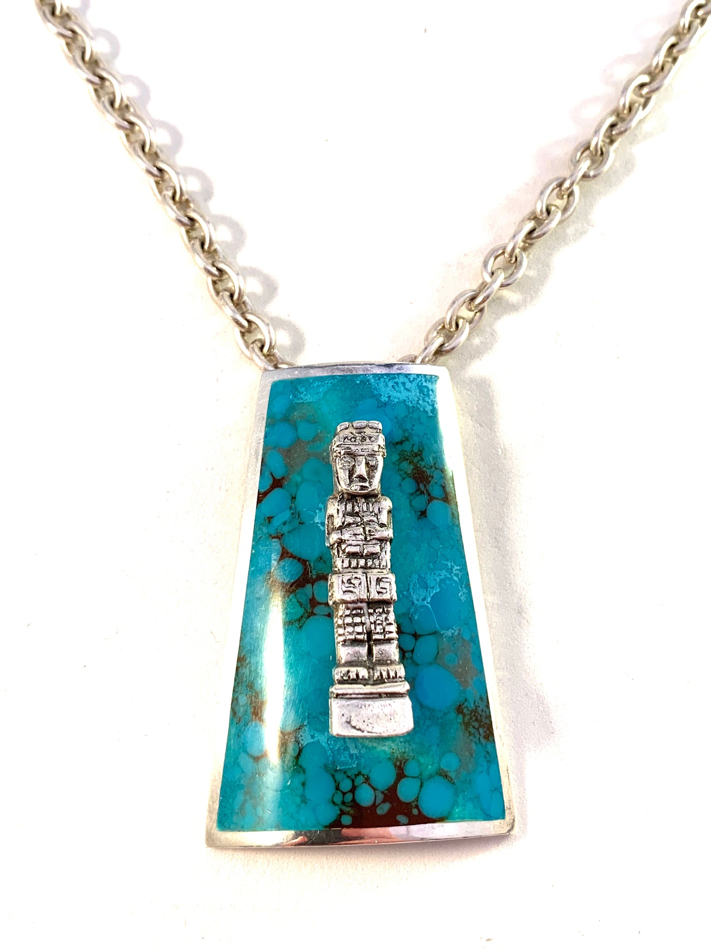 Graziella Laffi, Peru 1960s Chunky 3oz Modernist Sterling Silver Turquoise Enamel Pendant Necklace.