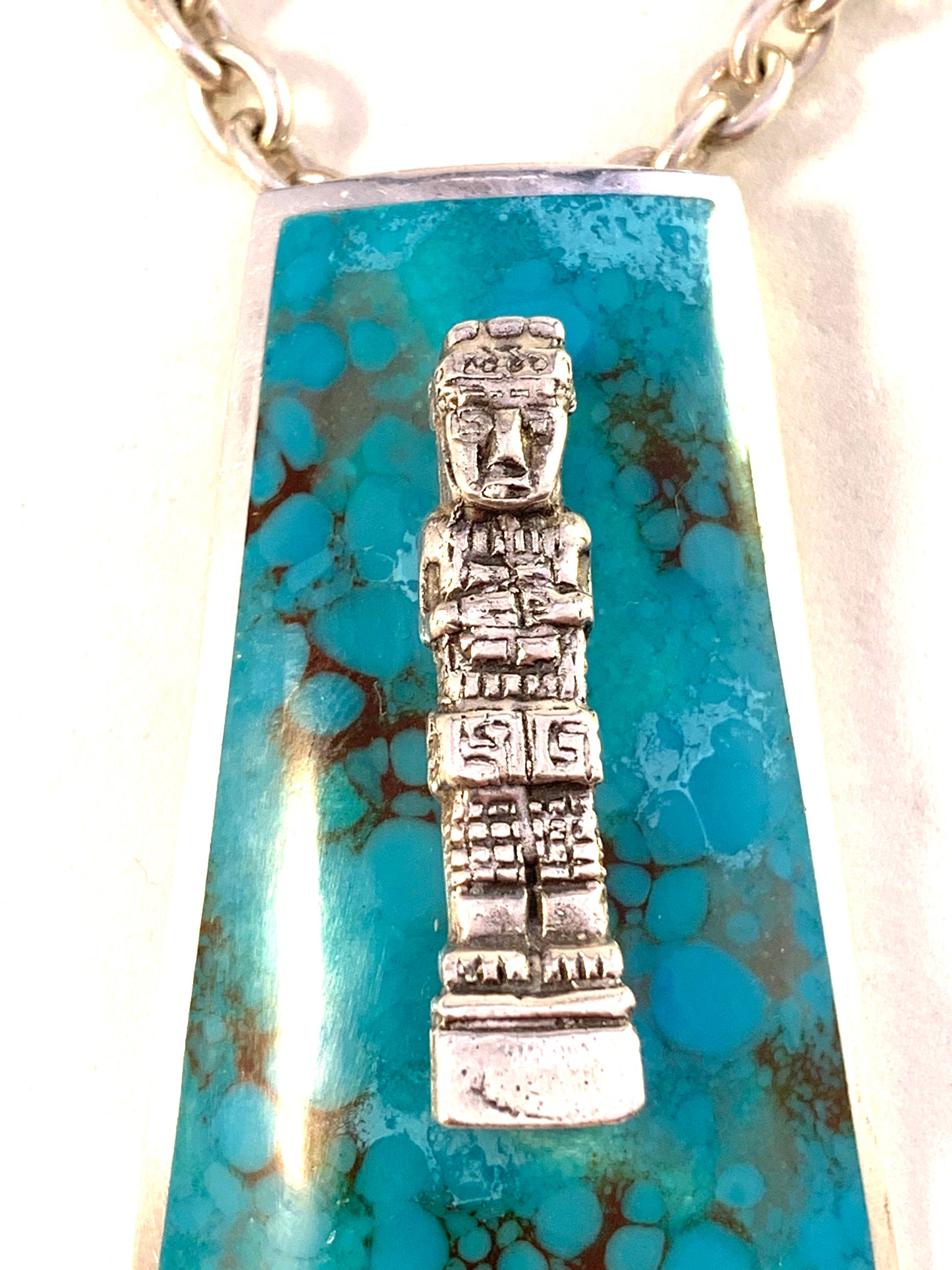 Graziella Laffi, Peru 1960s Chunky 3oz Modernist Sterling Silver Turquoise Enamel Pendant Necklace.