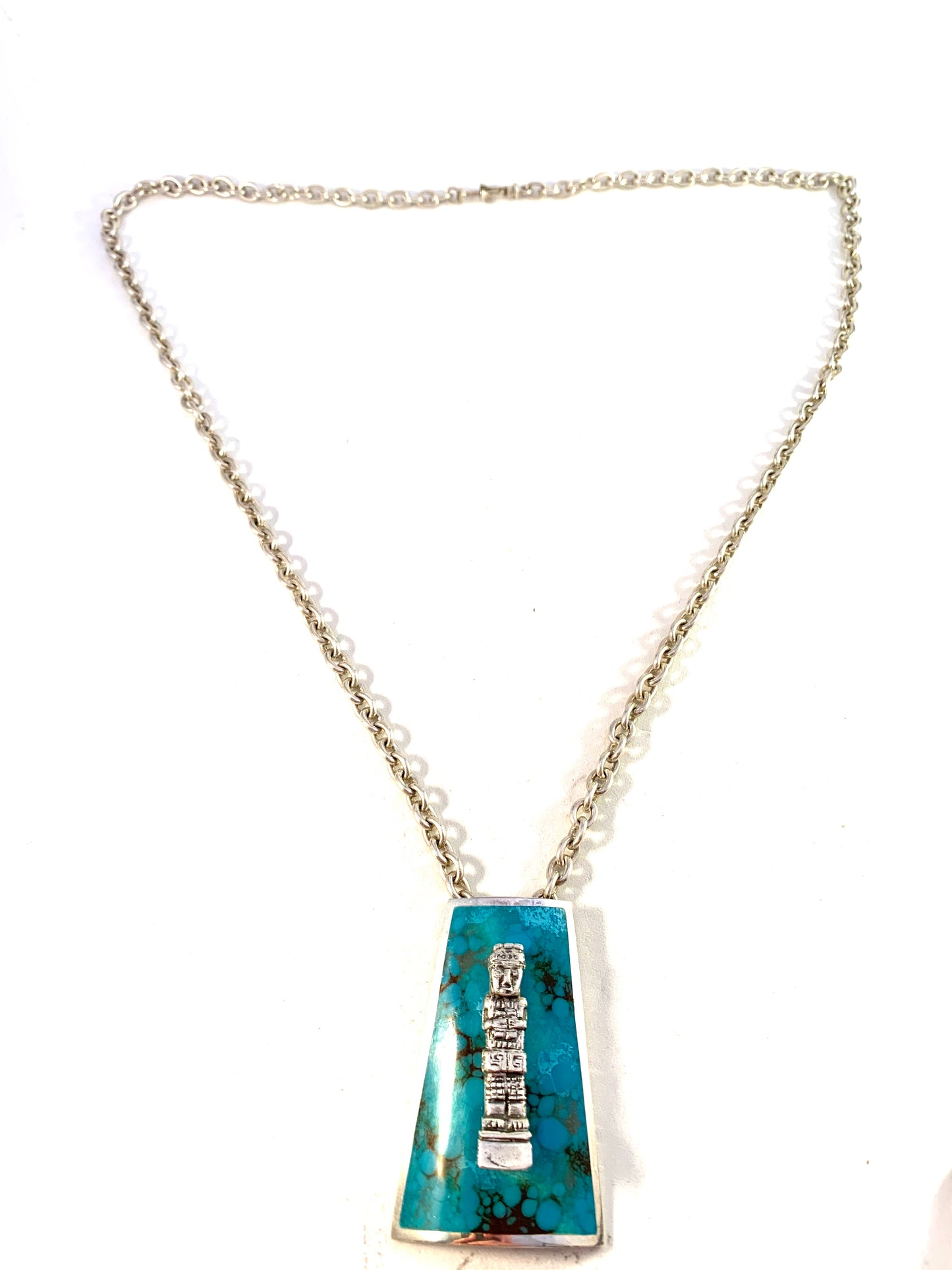 Graziella Laffi, Peru 1960s Chunky 3oz Modernist Sterling Silver Turquoise Enamel Pendant Necklace.