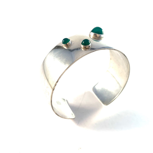 Niels Erik From, Denmark 1950-60s Mid Century Modern Sterling Silver Chrysoprase Cuff Bracelet.