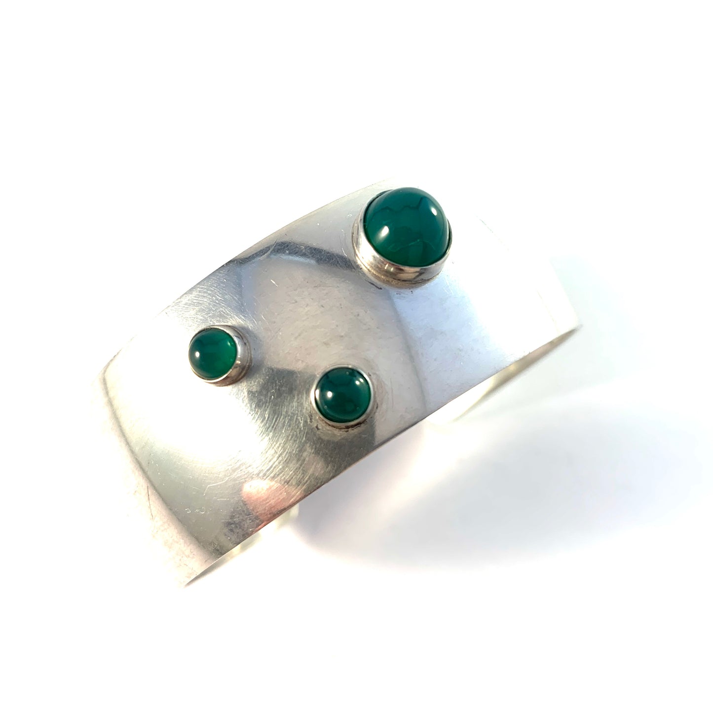 Niels Erik From, Denmark 1950-60s Mid Century Modern Sterling Silver Chrysoprase Cuff Bracelet.