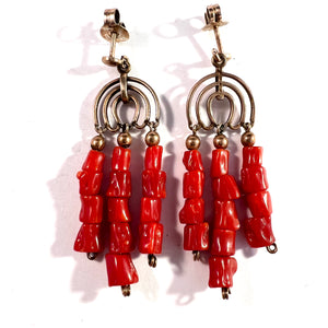Vintage Mid-century. Gilt 830 Silver Coral Chandelier Earrings.