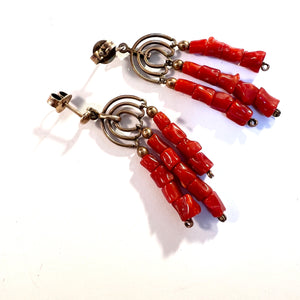 Vintage Mid-century. Gilt 830 Silver Coral Chandelier Earrings.