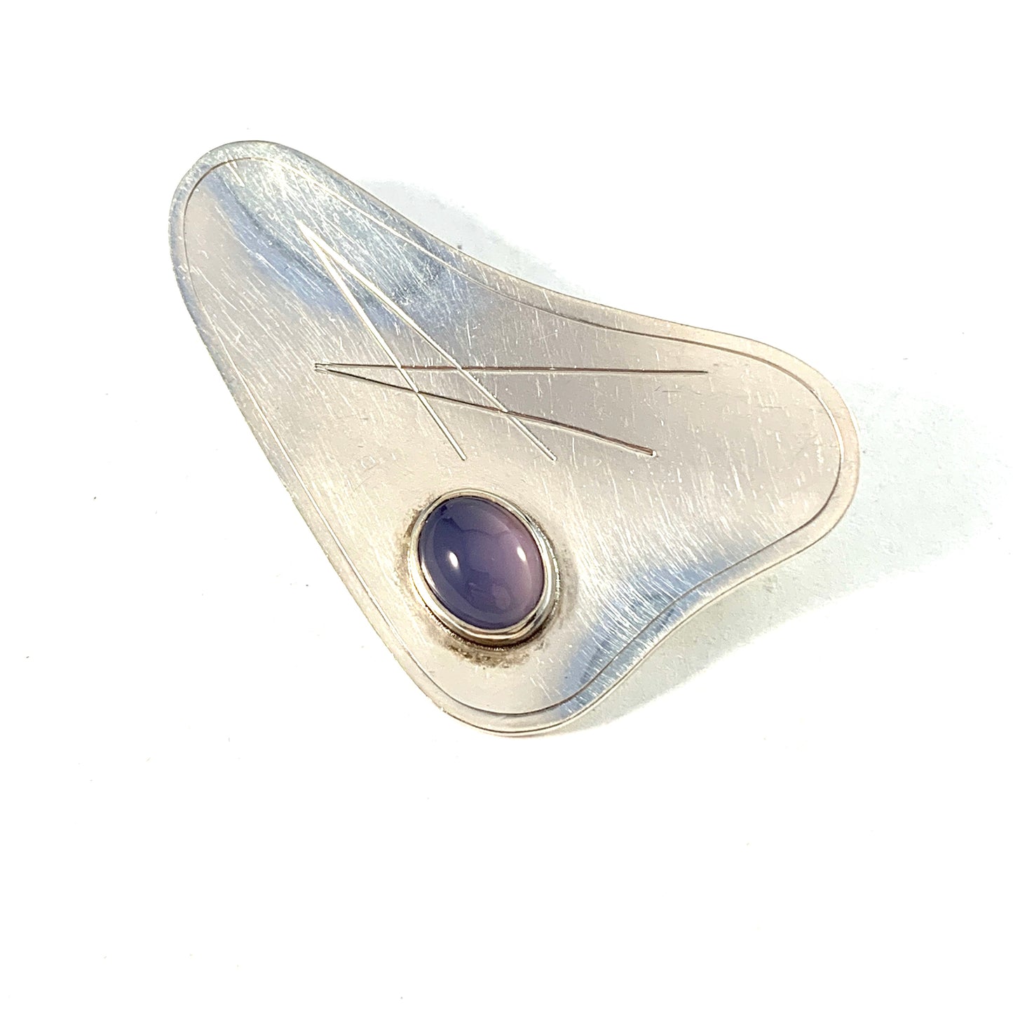 Rahlen, Sweden 1957. Mid Century Modern Sterling Silver Chalcedony Brooch. Signed.