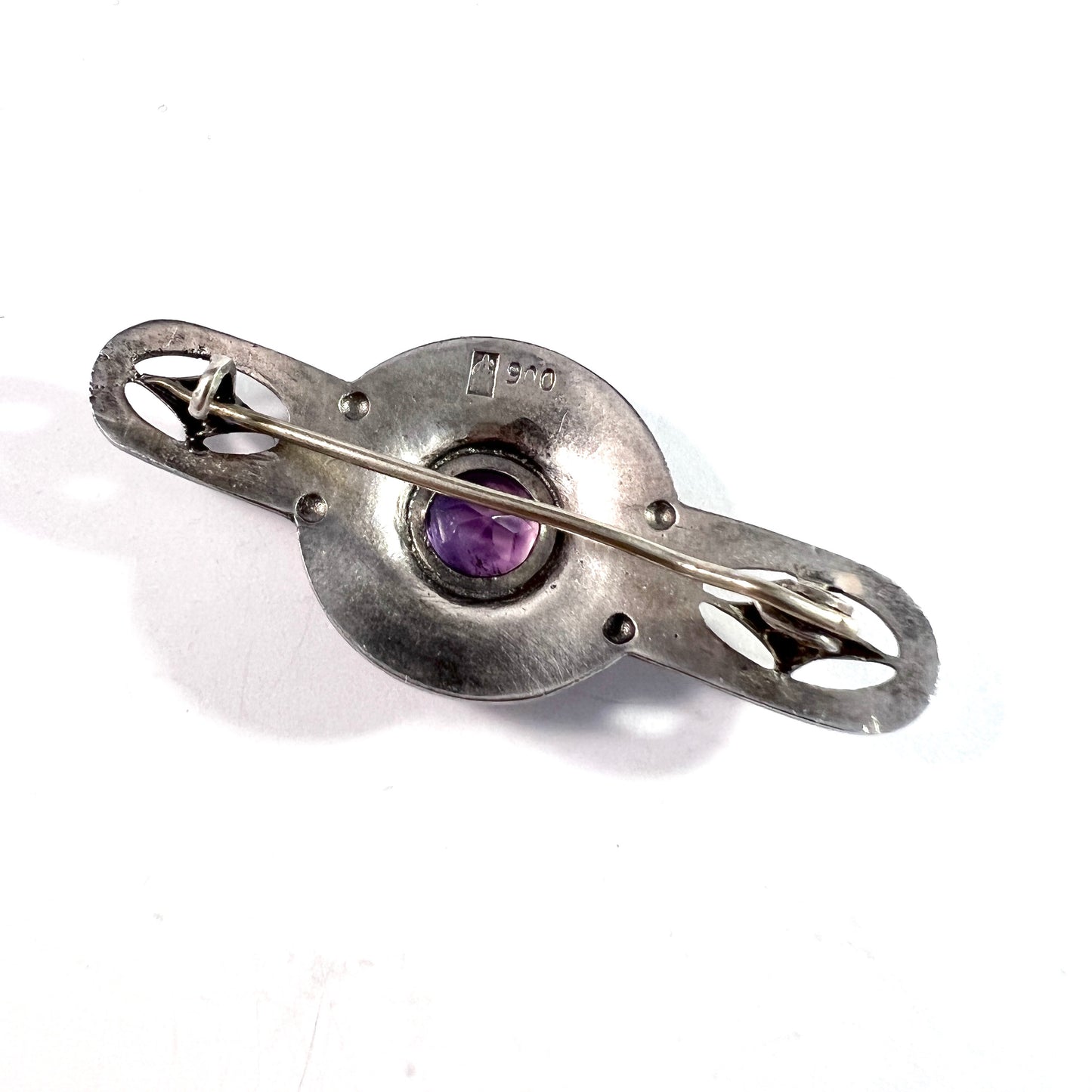 Germany c 1910s. Antique Jugendstil 900 Silver Amethyst Brooch. Maker's Mark.