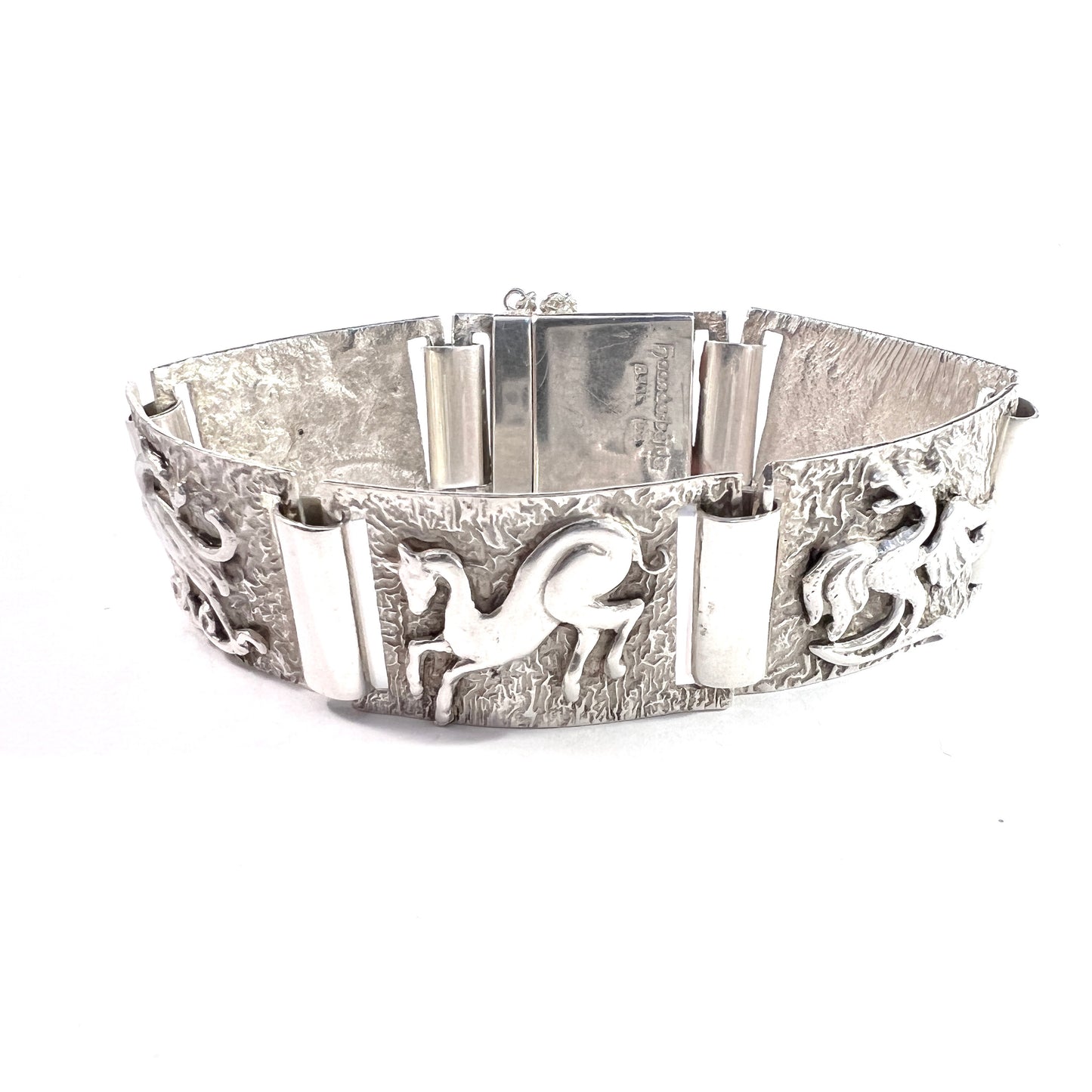 S&S, Denmark Vintage Mid-century Solid Silver Fable Animals Bracelet. Handwrought