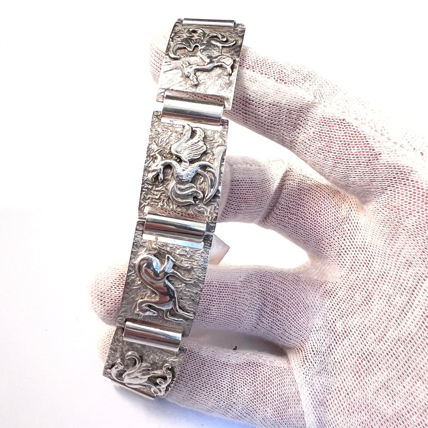 S&S, Denmark Vintage Mid-century Solid Silver Fable Animals Bracelet. Handwrought