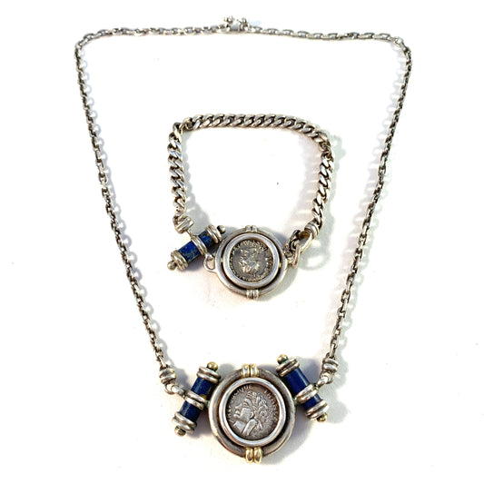 France, Vintage Sterling Silver Lapis Lazuli Bracelet and Necklace.