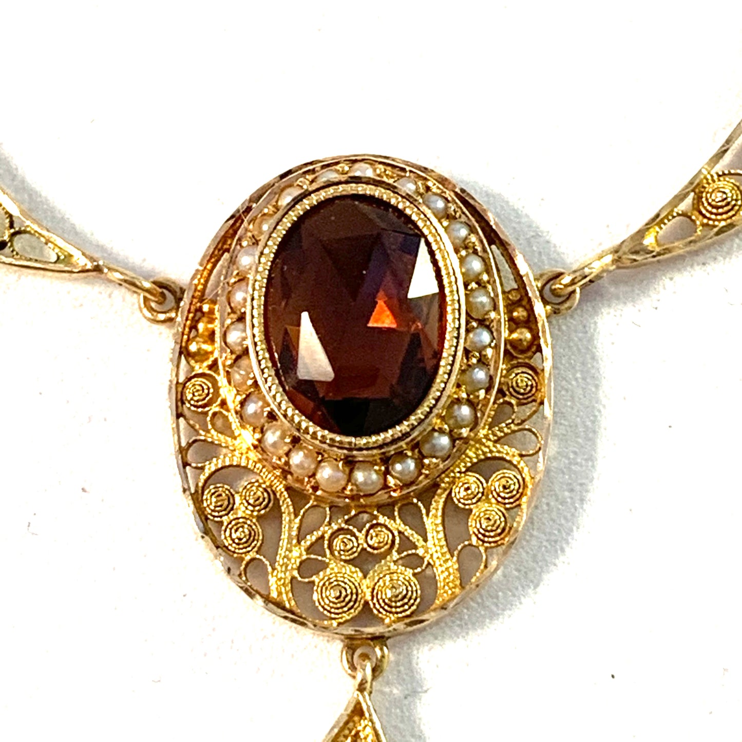 G Dahlgren, Sweden 1912 Antique 18k Gold Citrine Seed Pearl Filigree Necklace.