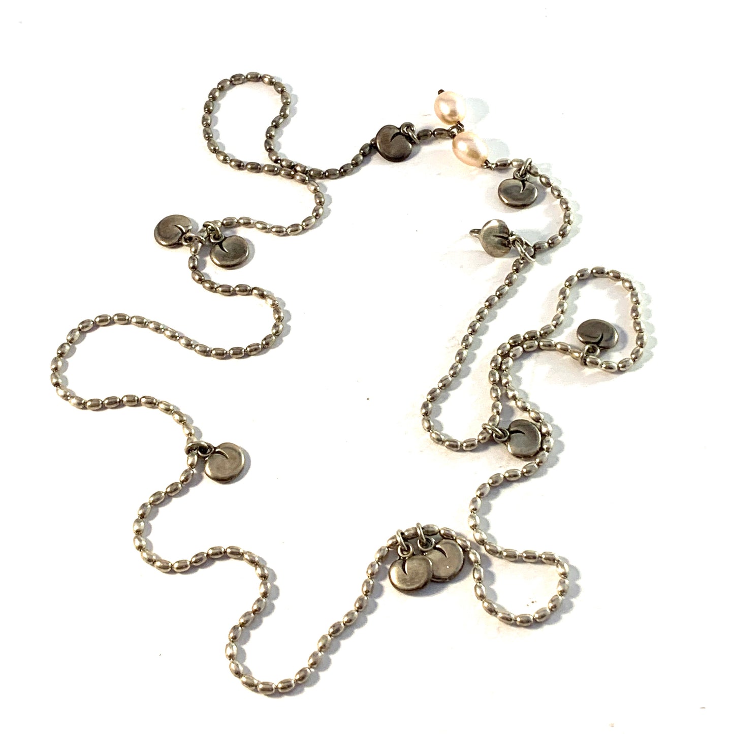 Kalevala Koru, Finland. Vintage Sterling Silver Cultured Pearl 32in Long Chain Necklace.