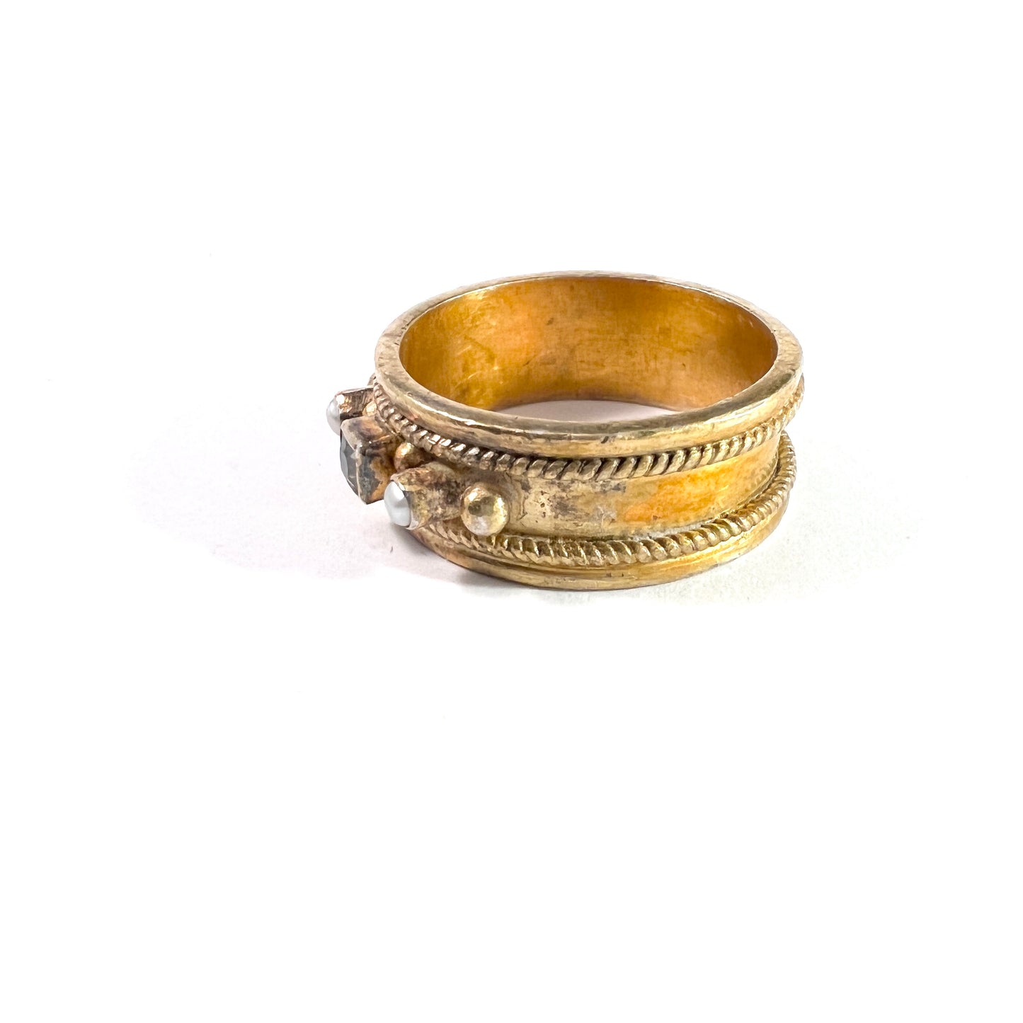 Vintage Gilt Sterling Silver Seed Pearl Paste Medieval Copy Ring. Maker's Mark