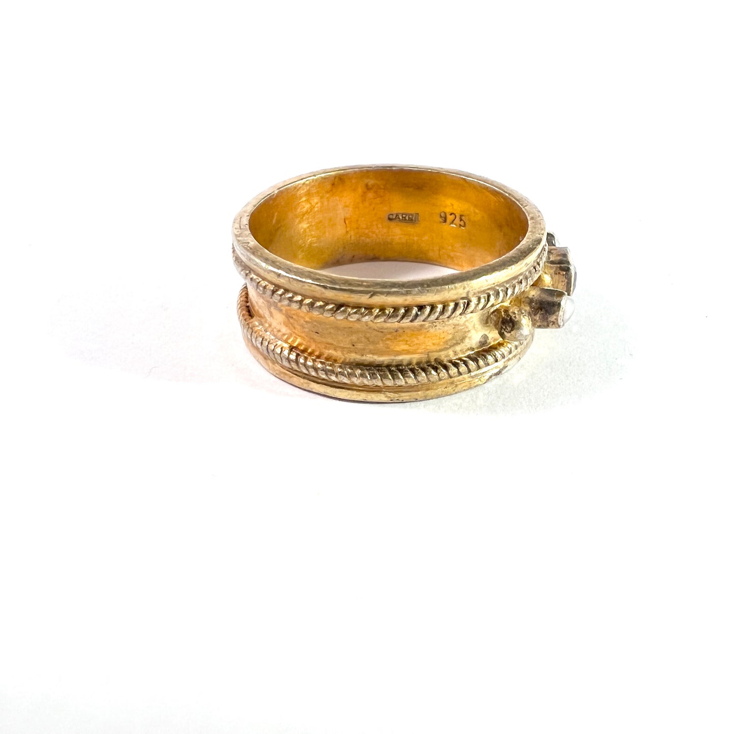 Vintage Gilt Sterling Silver Seed Pearl Paste Medieval Copy Ring. Maker's Mark