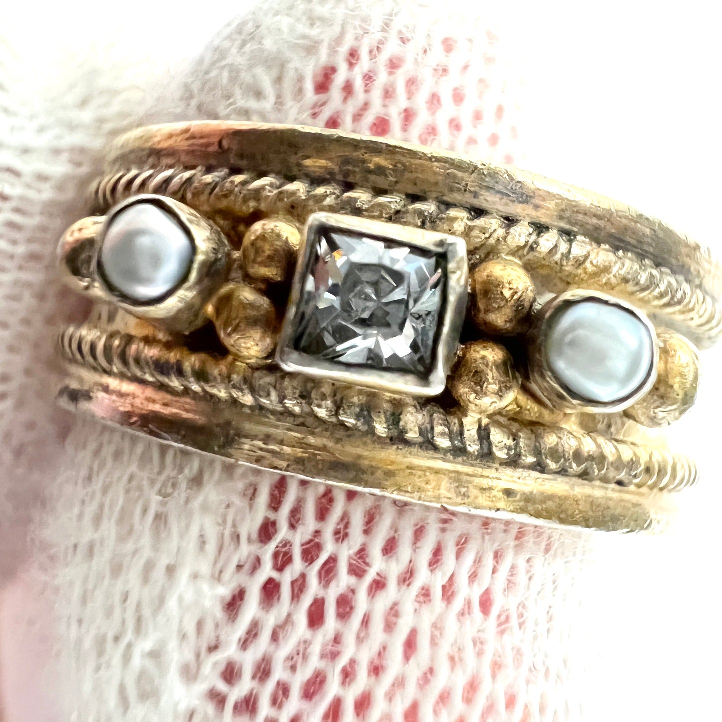 Vintage Gilt Sterling Silver Seed Pearl Paste Medieval Copy Ring. Maker's Mark