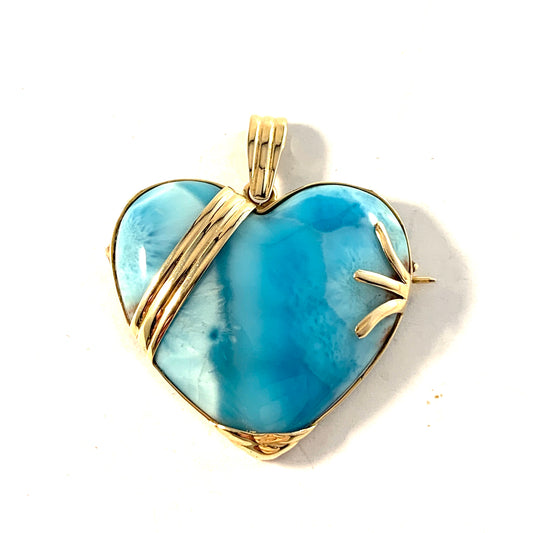 Vintage 14k Gold Larimar Stone Heart Brooch Pendant.