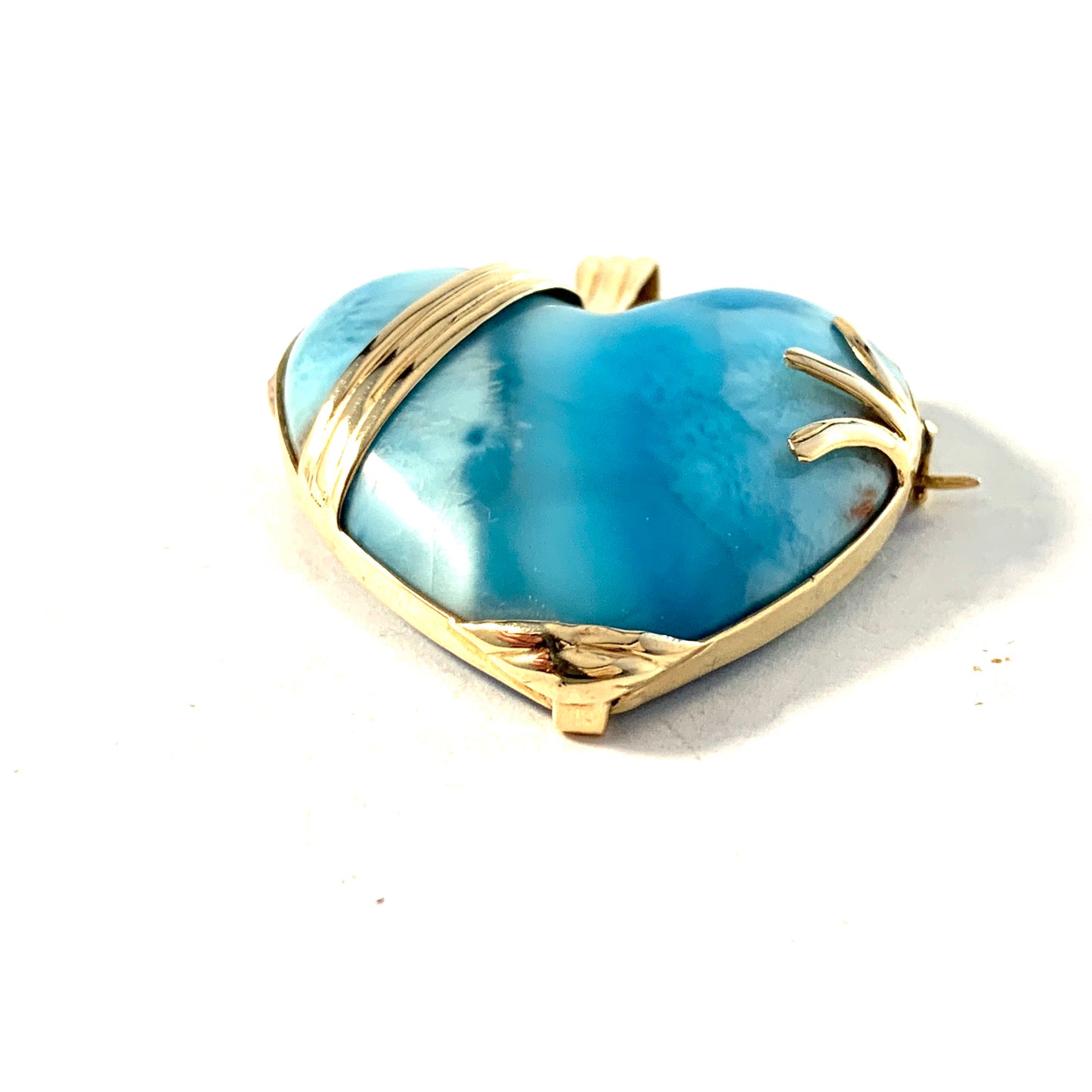 Vintage 14k Gold Larimar Stone Heart Brooch Pendant.