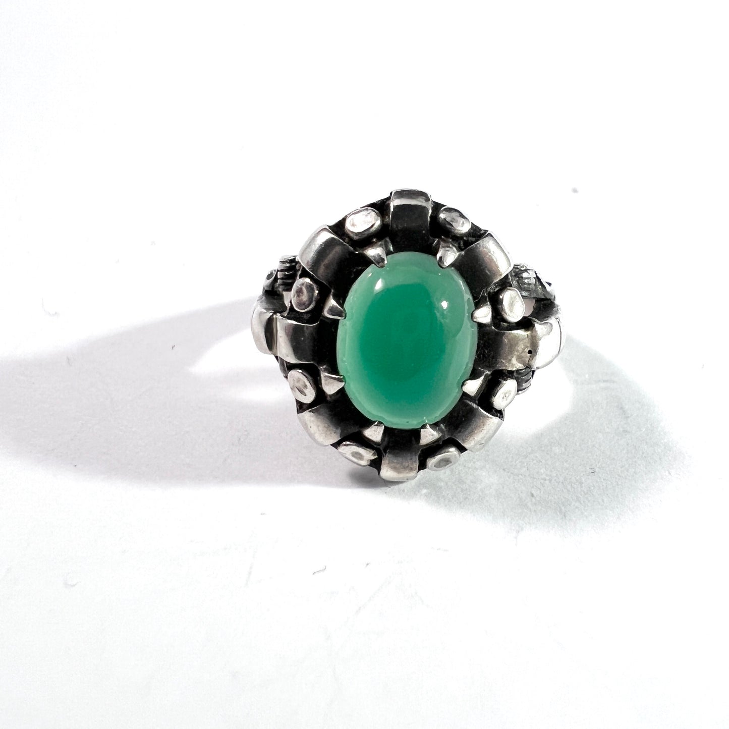 Sweden 1940-50s. Solid 830 Silver Chrysoprase Ring.