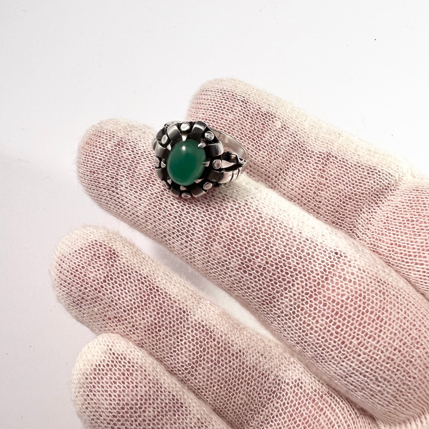 Sweden 1940-50s. Solid 830 Silver Chrysoprase Ring.