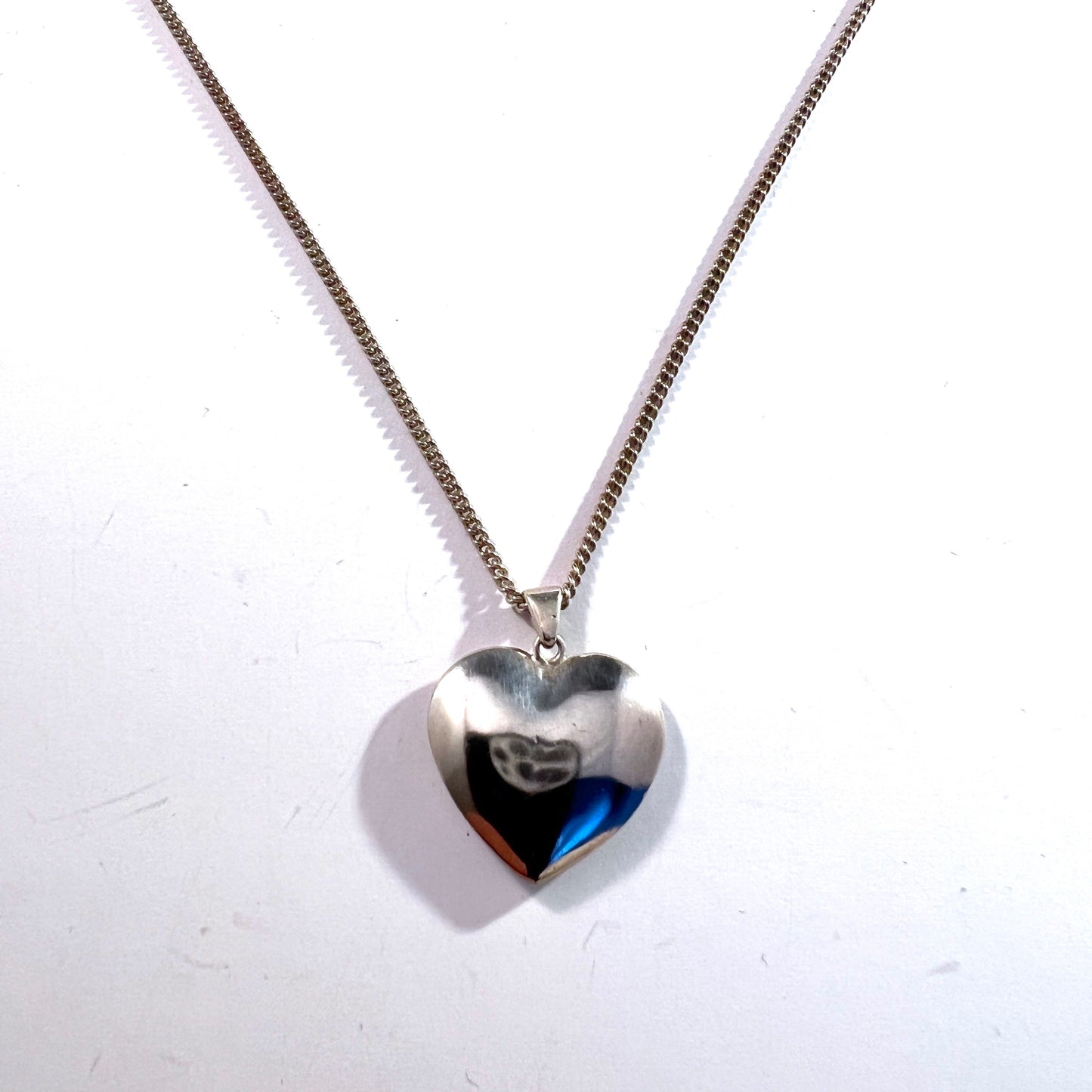 Vintage Mid-century 835 Silver Heart Pendant Long Chain Necklace.