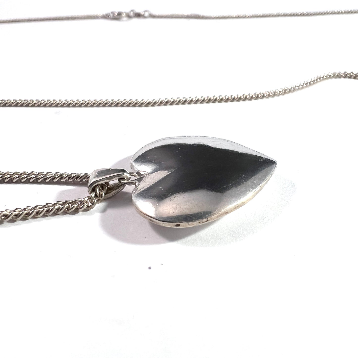 Vintage Mid-century 835 Silver Heart Pendant Long Chain Necklace.