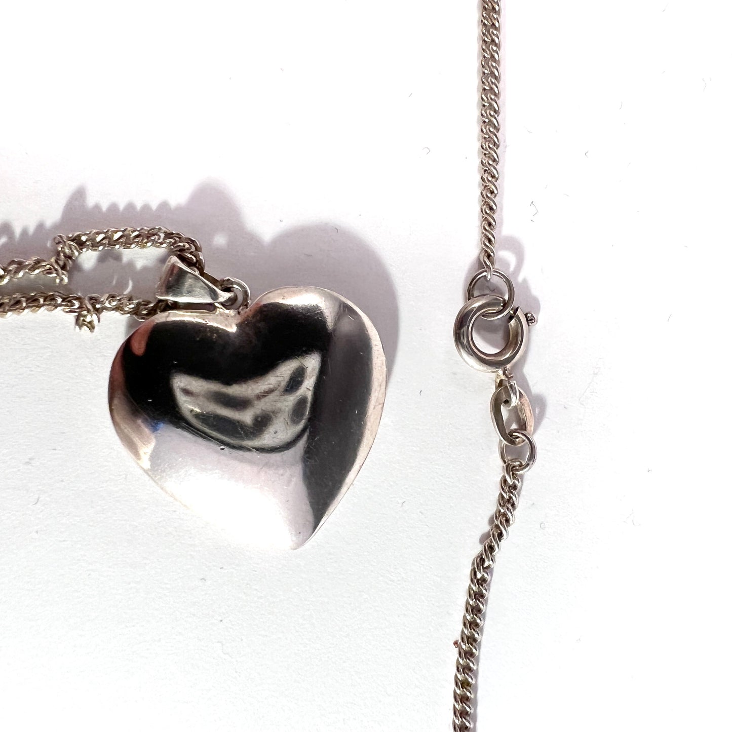 Vintage Mid-century 835 Silver Heart Pendant Long Chain Necklace.