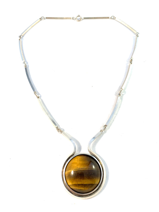 Niels Erik From, Denmark 1960s Vintage Sterling Silver Tiger Eye Necklace.