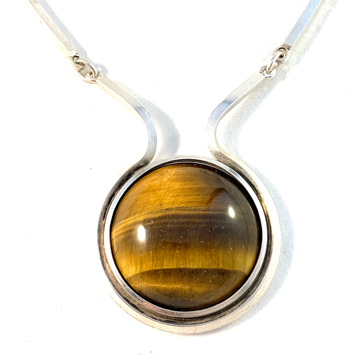 Niels Erik From, Denmark 1960s Vintage Sterling Silver Tiger Eye Necklace.