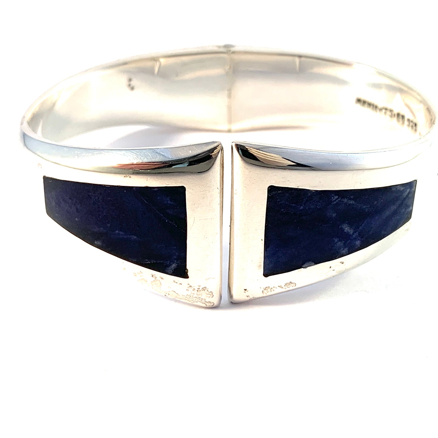 Mexico, Vintage Chunky Sterling Silver Sodalite Inlay Hinged Clamper Bracelet