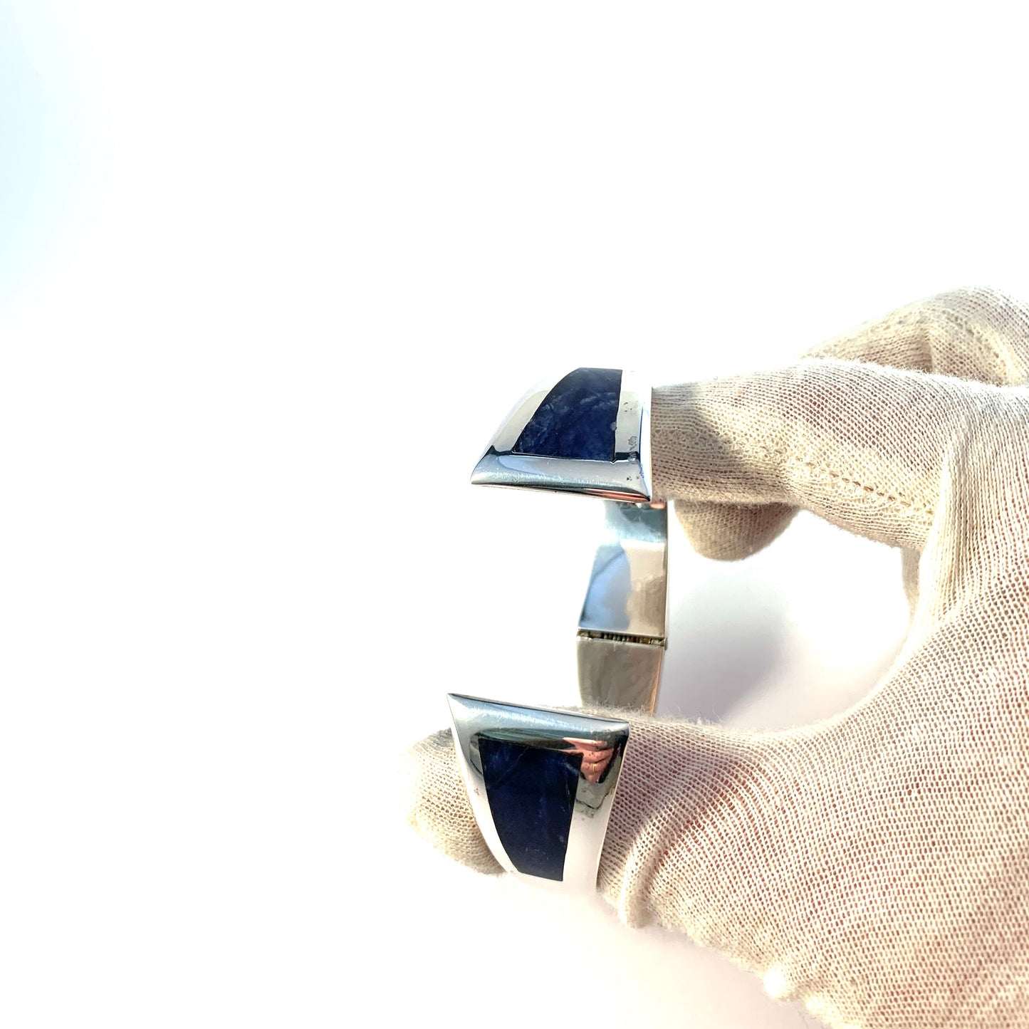 Mexico, Vintage Chunky Sterling Silver Sodalite Inlay Hinged Clamper Bracelet