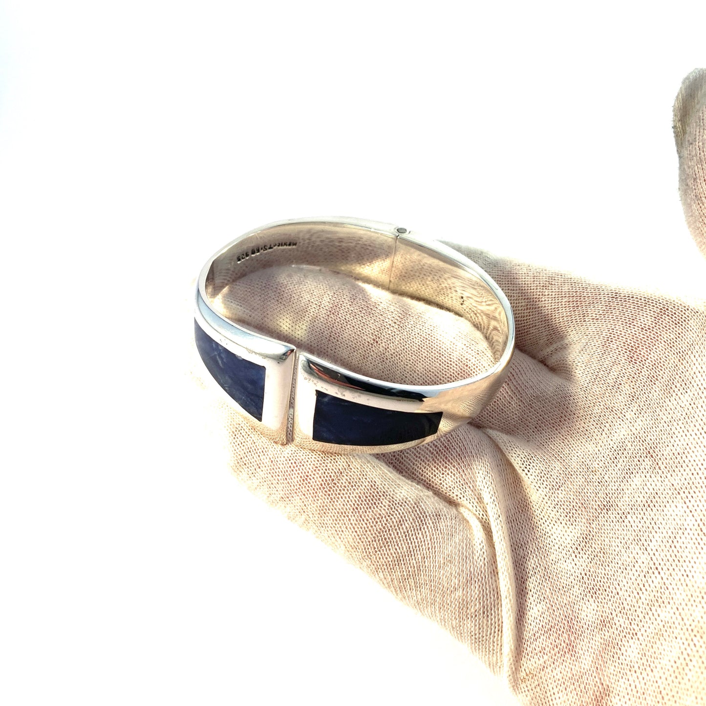 Mexico, Vintage Chunky Sterling Silver Sodalite Inlay Hinged Clamper Bracelet