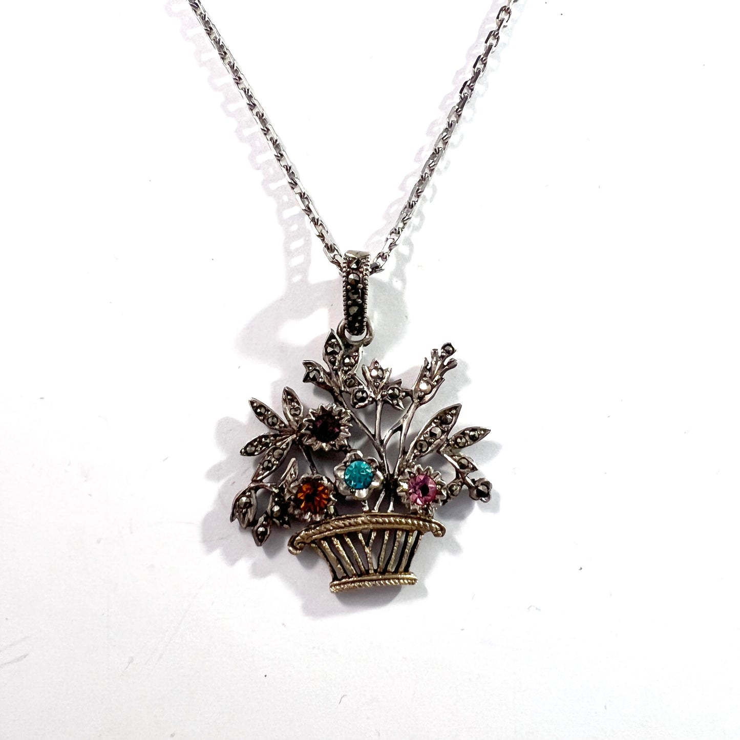 France c 1910. Antique Edwardian Silver Coloured Paste Flower Basket Pendant Necklace.