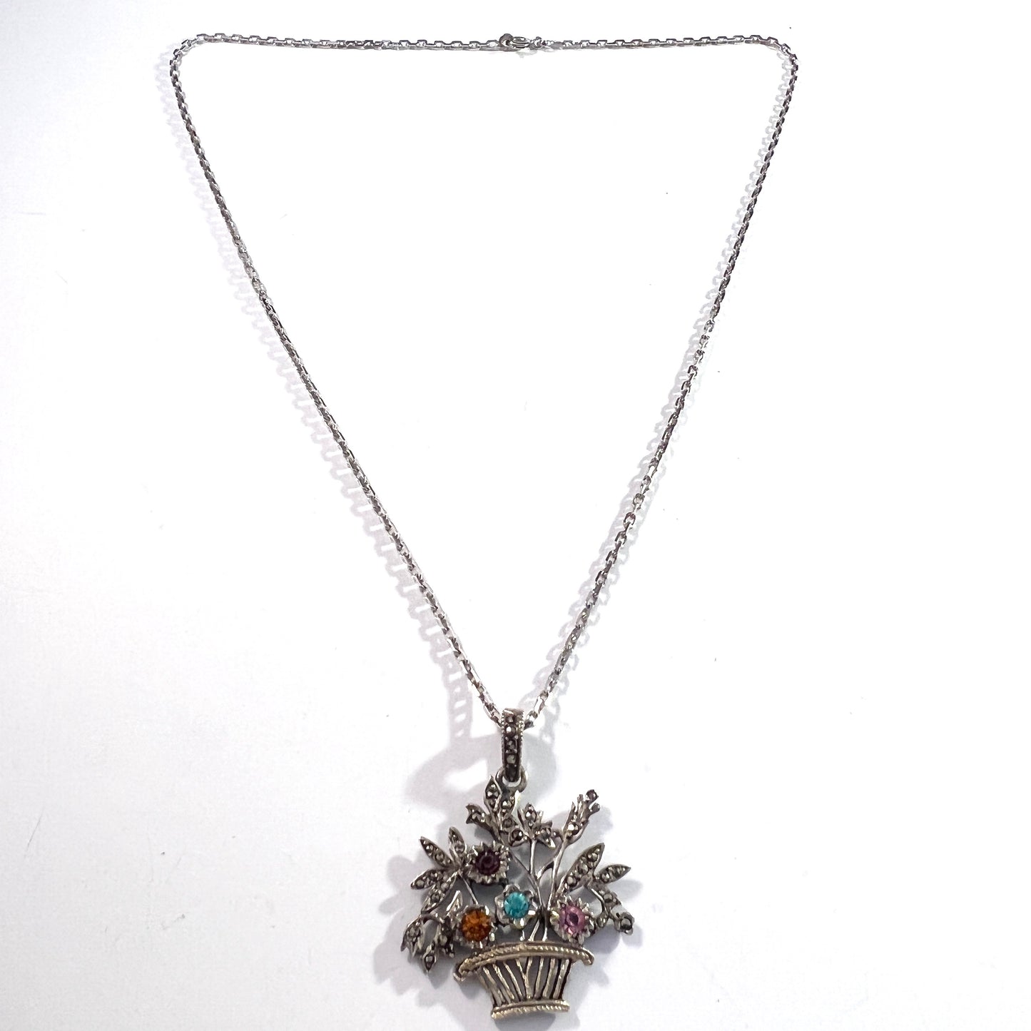 France c 1910. Antique Edwardian Silver Coloured Paste Flower Basket Pendant Necklace.