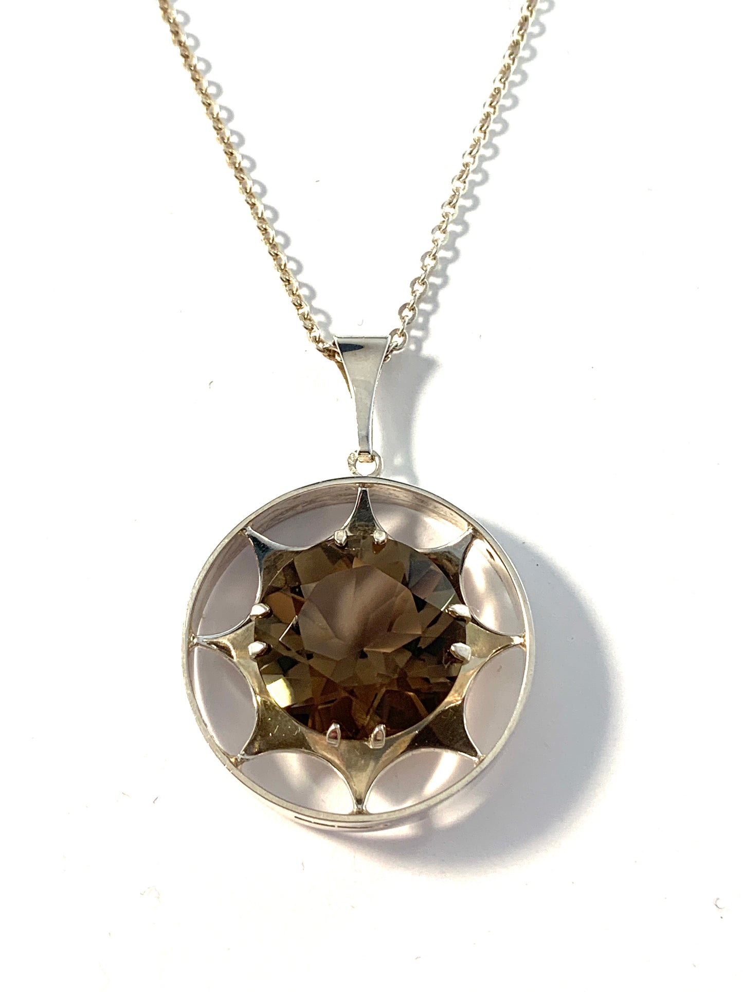 Kultasepat Salovaara, Finland 1970s. Sterling Silver Smoky Quartz Pendant Necklace.