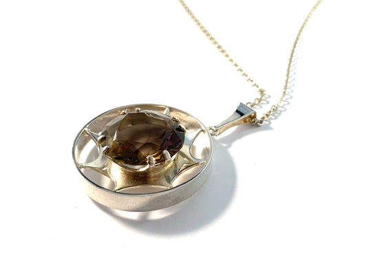 Kultasepat Salovaara, Finland 1970s. Sterling Silver Smoky Quartz Pendant Necklace.