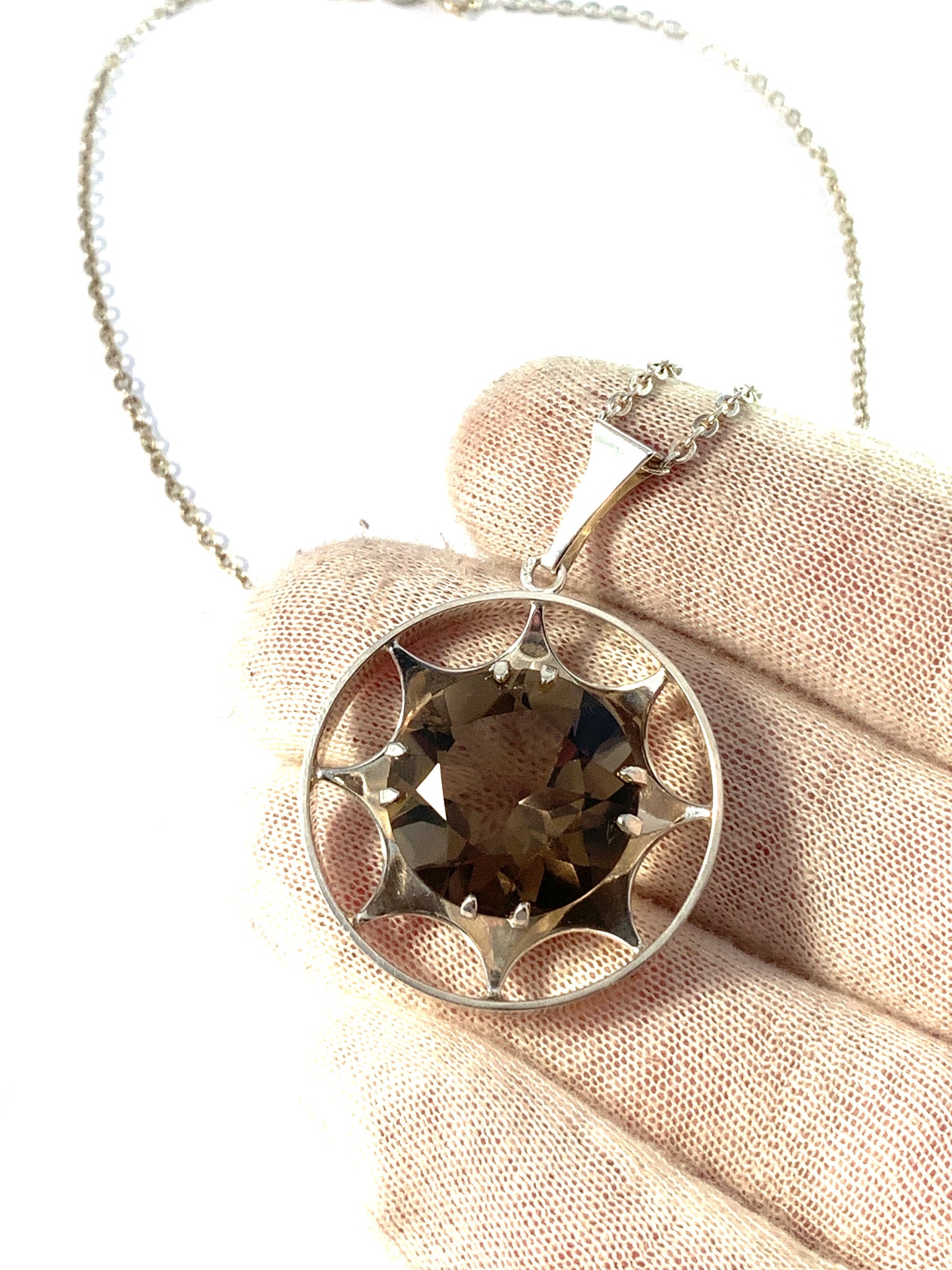 Kultasepat Salovaara, Finland 1970s. Sterling Silver Smoky Quartz Pendant Necklace.