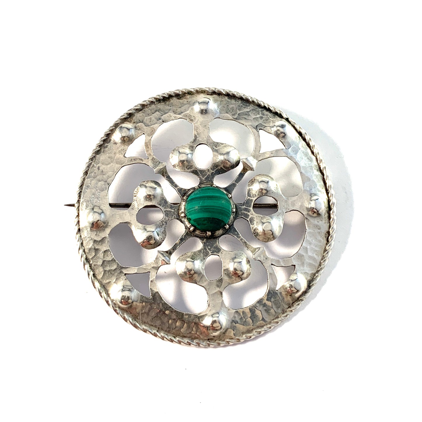 E Lindqvist, Sweden 1915. Arts & Crafts Sterling Silver Malachite Brooch.