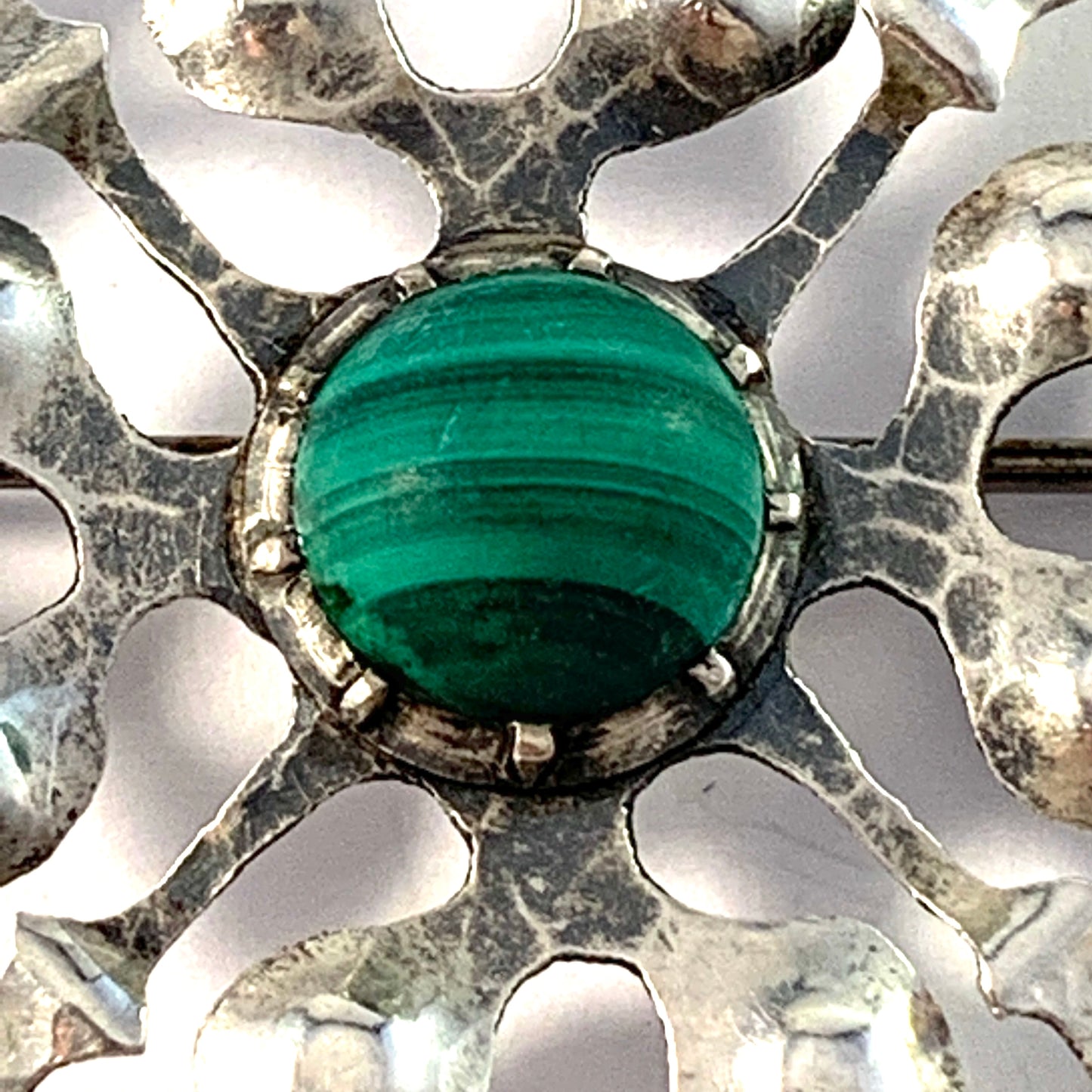 E Lindqvist, Sweden 1915. Arts & Crafts Sterling Silver Malachite Brooch.