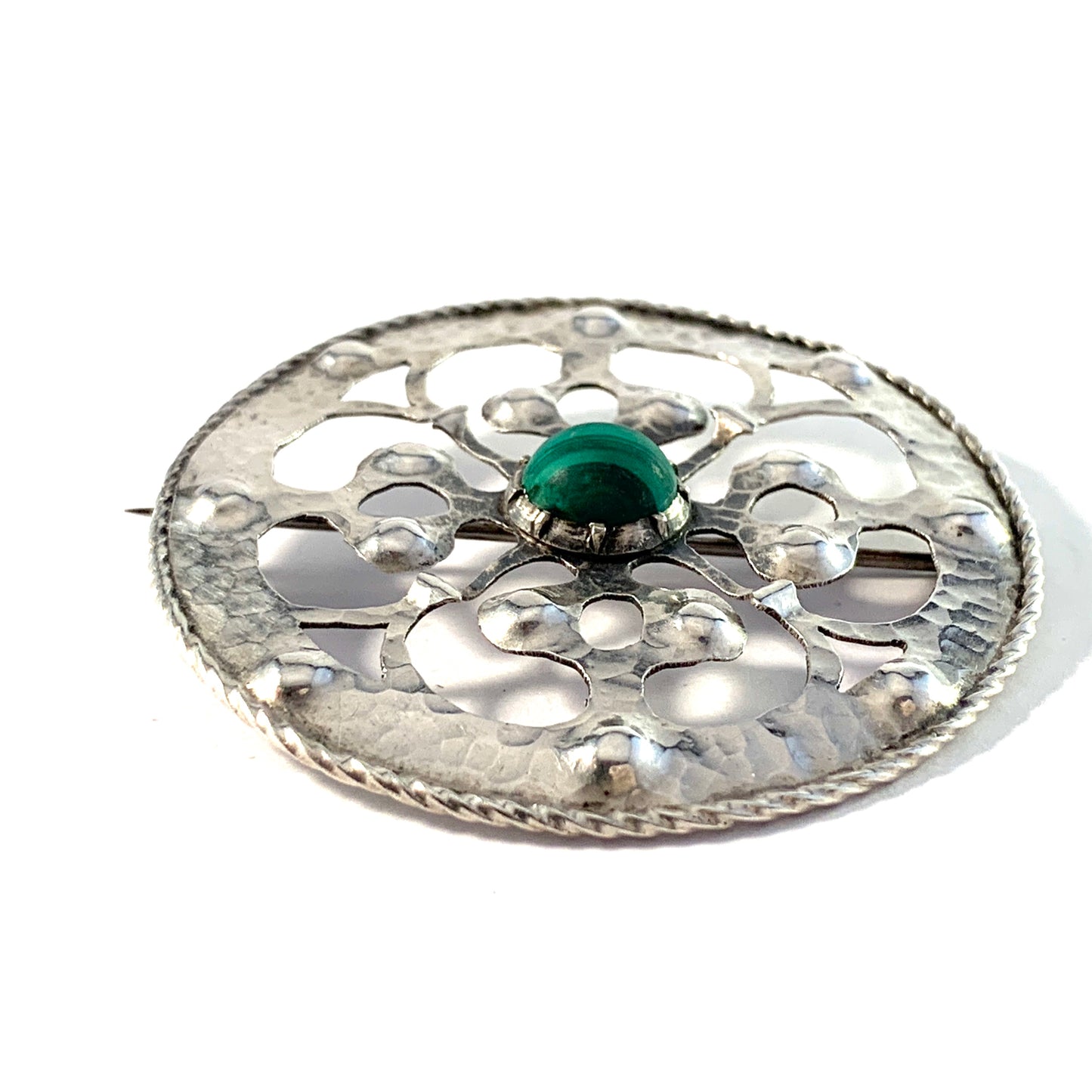 E Lindqvist, Sweden 1915. Arts & Crafts Sterling Silver Malachite Brooch.