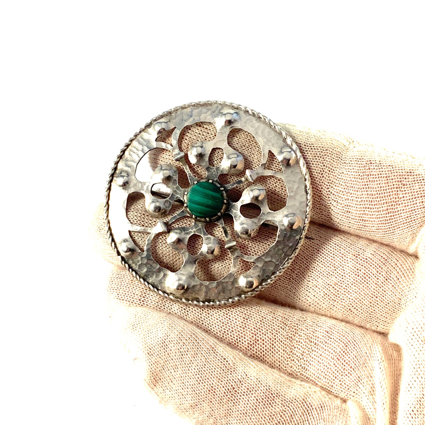 E Lindqvist, Sweden 1915. Arts & Crafts Sterling Silver Malachite Brooch.