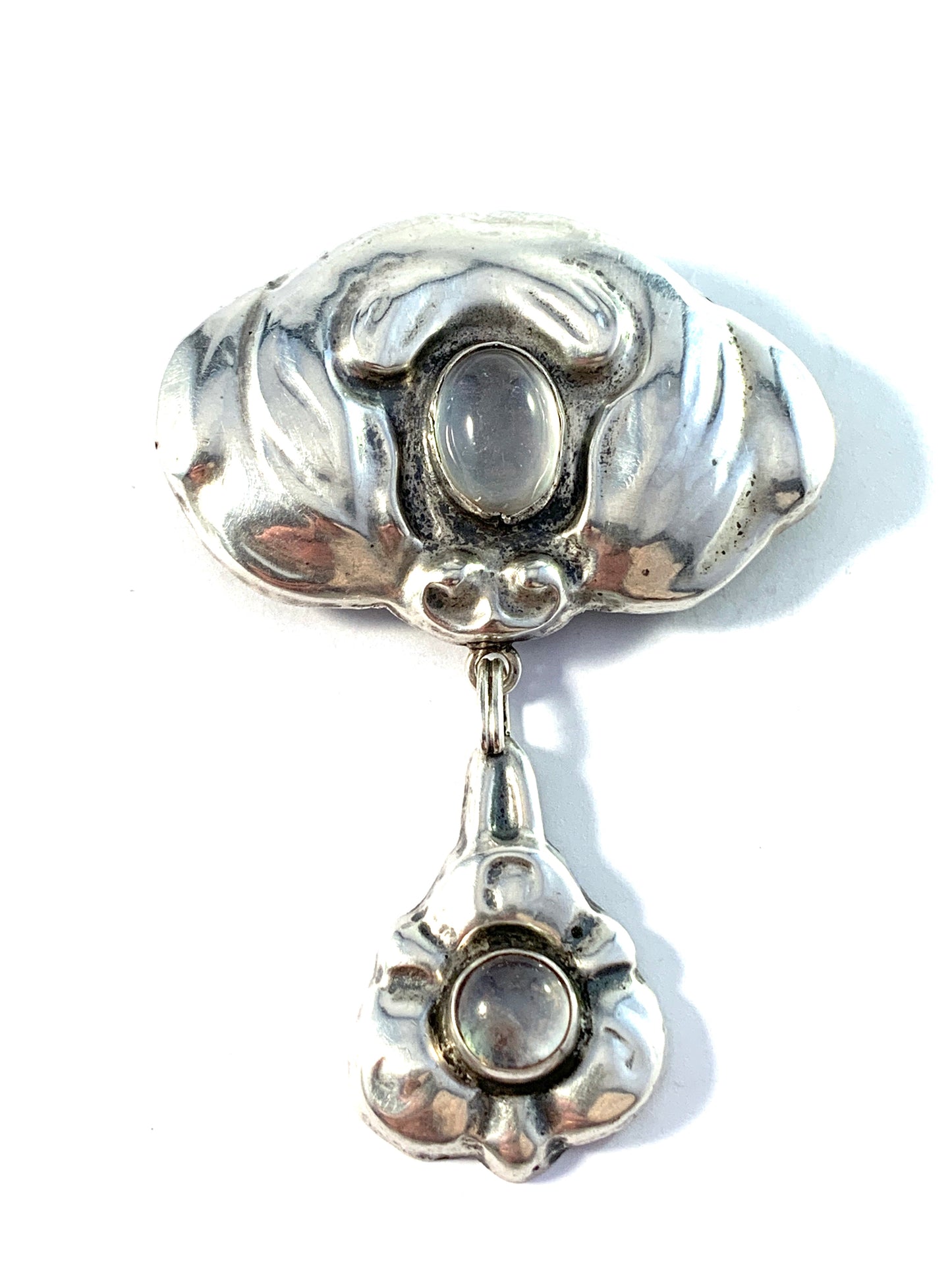 Esbjørn, Denmark 1910-20s Art Nouveau Solid Silver Moonstone Brooch.