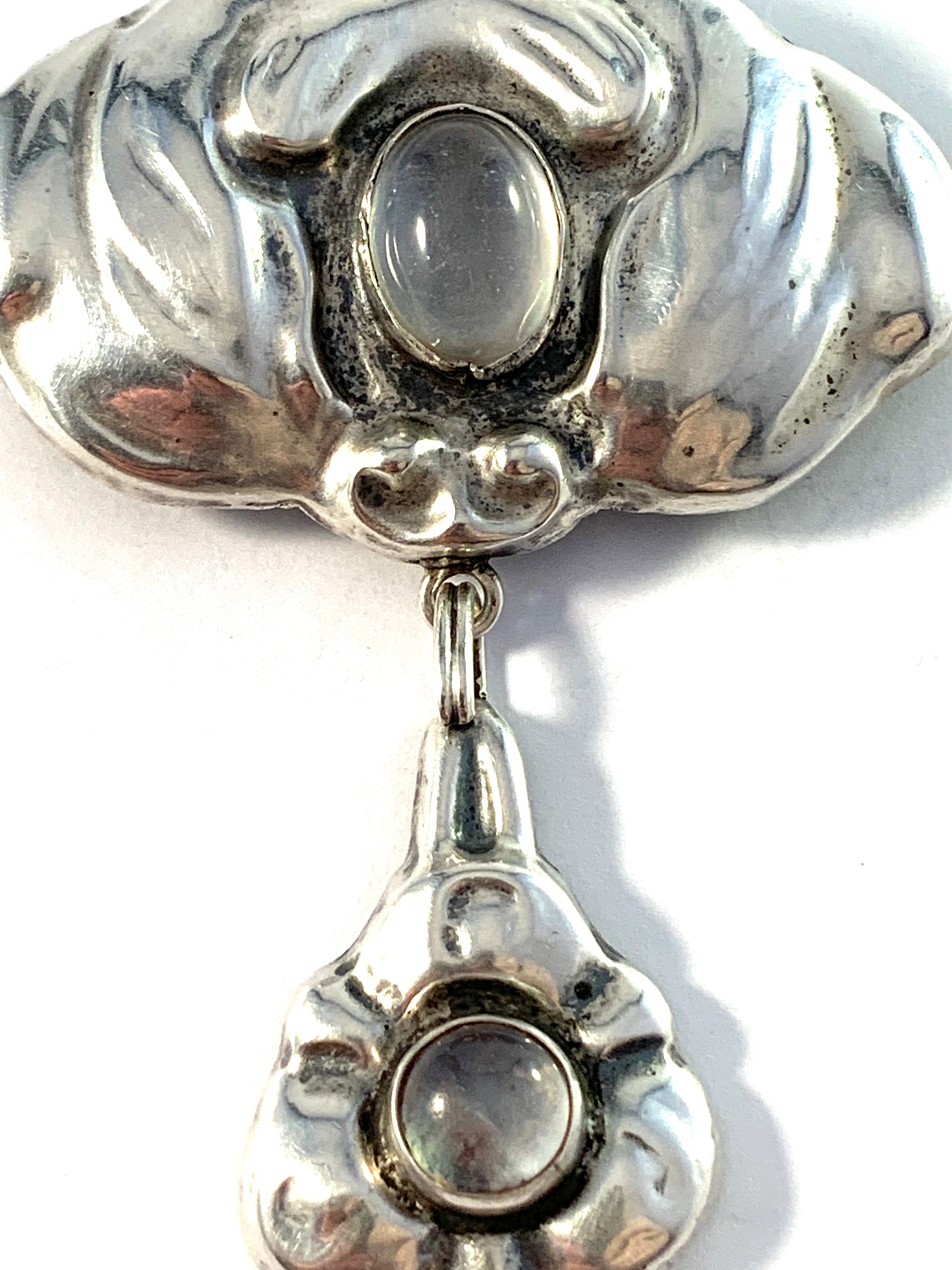 Esbjørn, Denmark 1910-20s Art Nouveau Solid Silver Moonstone Brooch.