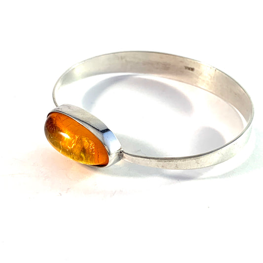 Vintage 1960s Solid 835 Silver Baltic Amber Open/Close Bangle Bracelet.