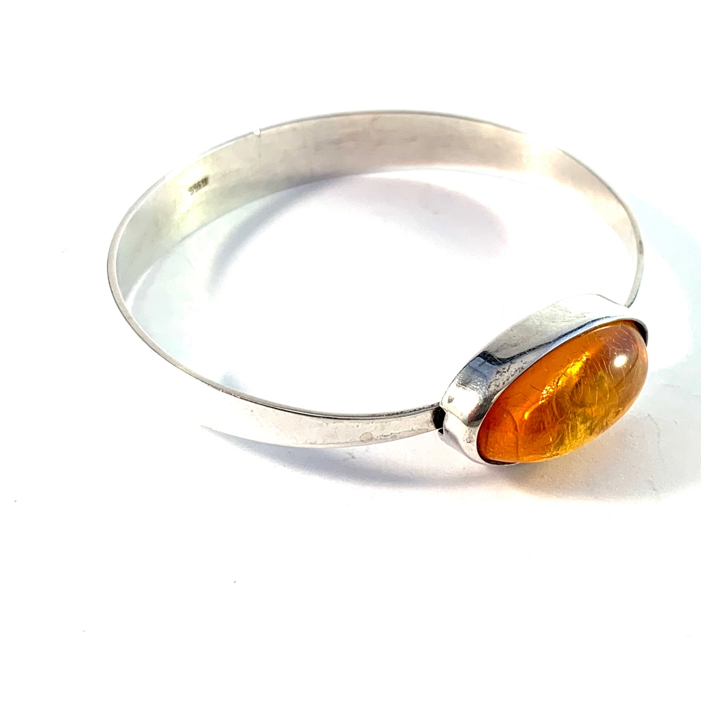Vintage 1960s Solid 835 Silver Baltic Amber Open/Close Bangle Bracelet.