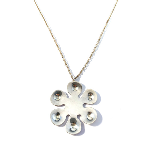 Sweden 1970s Sterling Silver Hippie Flower Pendant Necklace.