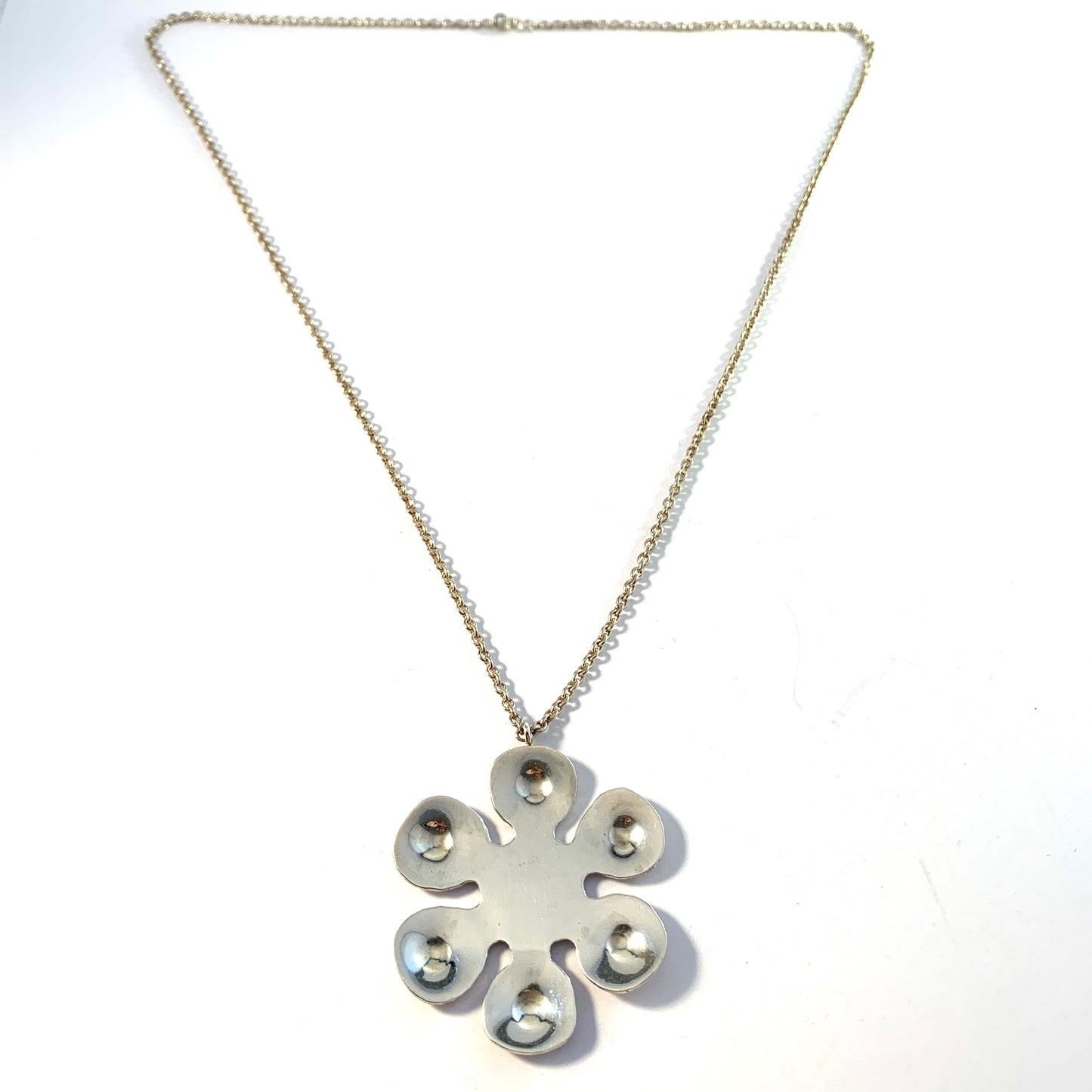 Sweden 1970s Sterling Silver Hippie Flower Pendant Necklace.