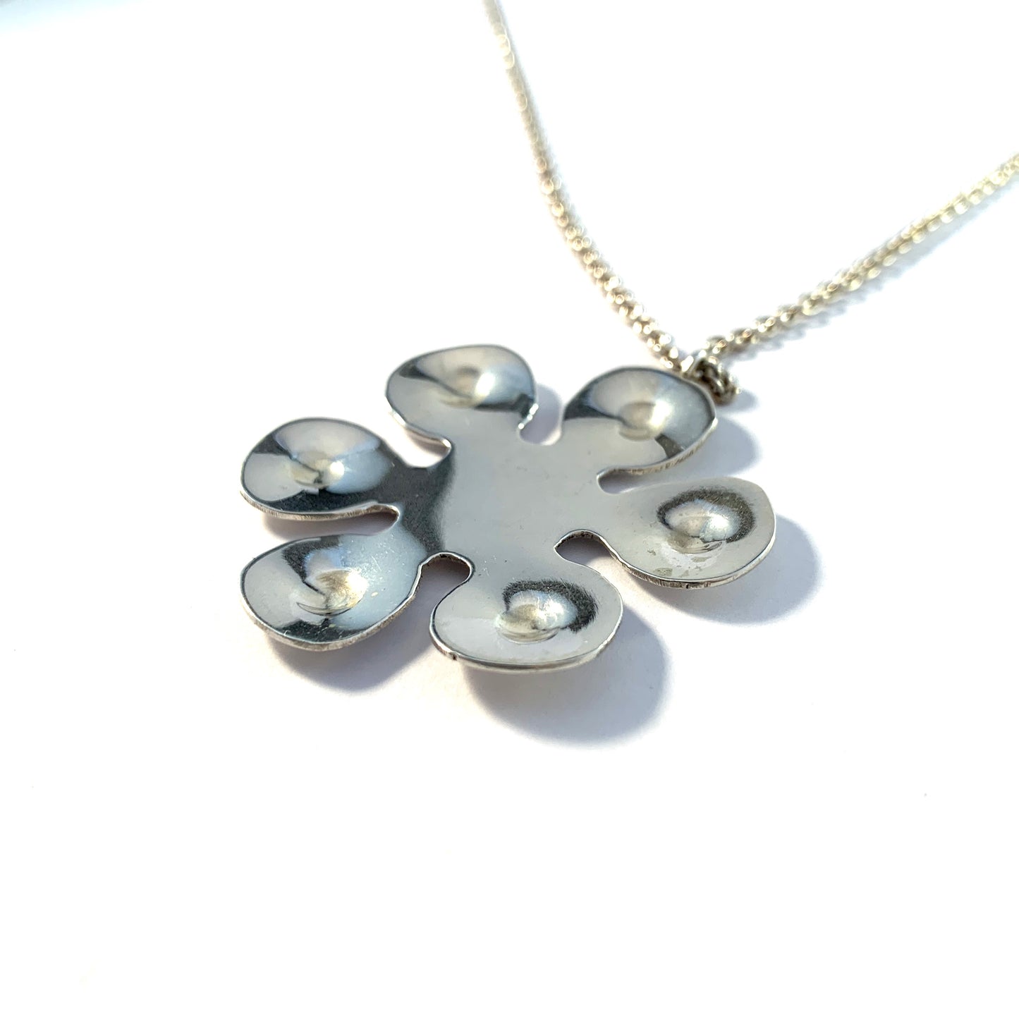 Sweden 1970s Sterling Silver Hippie Flower Pendant Necklace.