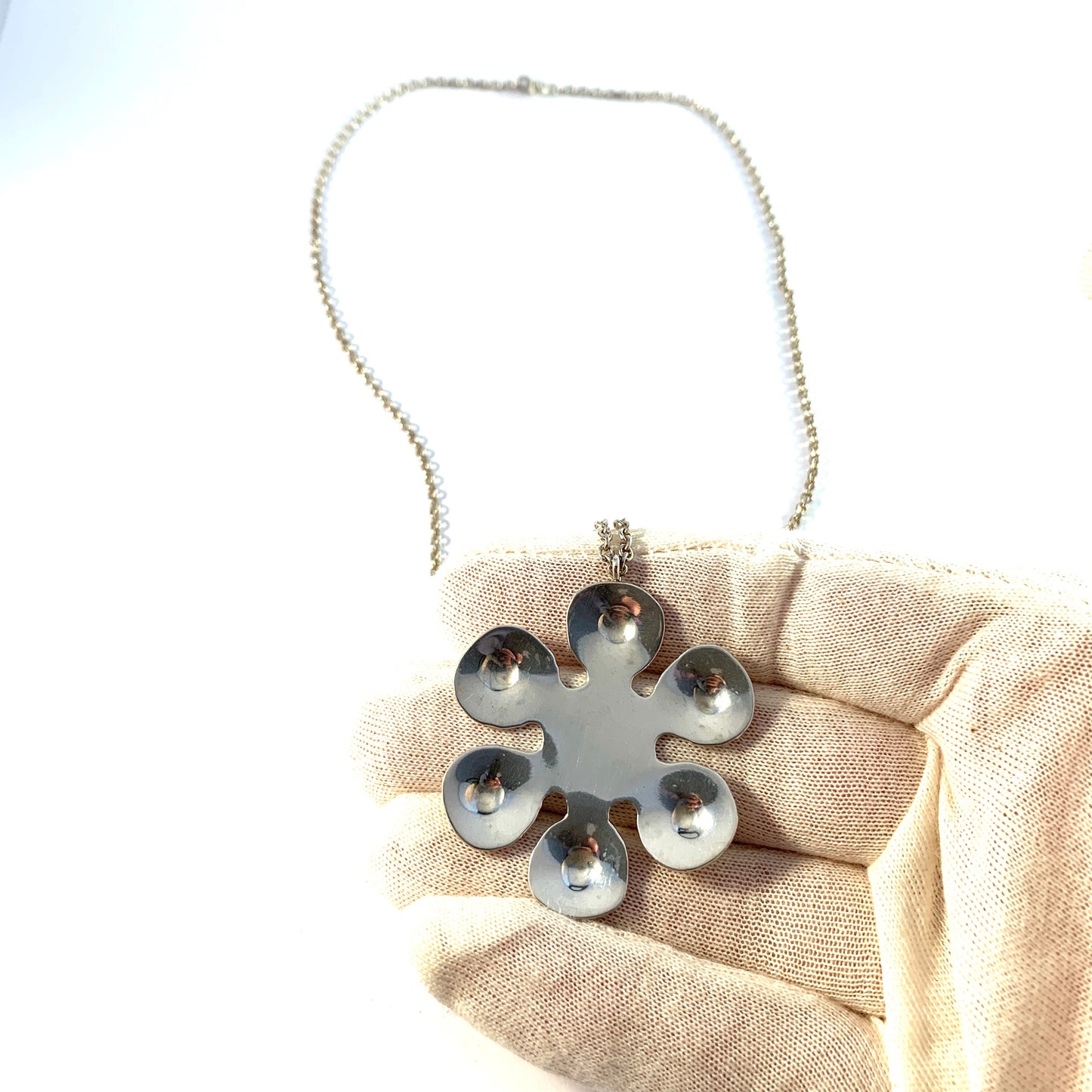 Sweden 1970s Sterling Silver Hippie Flower Pendant Necklace.